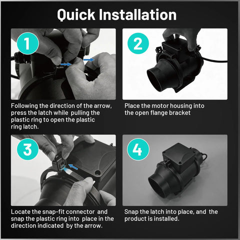 4 Inch Duct Fan With Speed Controller Inline Exhaust Fan Black, 280 CFM Airflow, 2200 RPM, Quiet 30 dB, Beast Mode Ventilation For Grow Tents, Bathrooms, Kitchens, Odor And Moisture Control showing quick installation steps