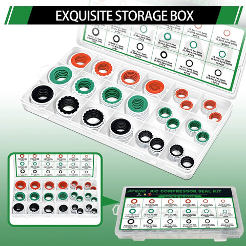 120 Piece AC Compressor Seal Washer Kit With 18 Sizes And Three Colors Red Green Black in storage box for air conditioning repairs