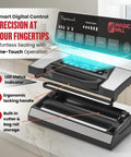 Pro Grade Vacuum Sealer Machine With Cutter And Jar Attachment For Home Kitchen showing LED, handle, and cutter storage on counter.