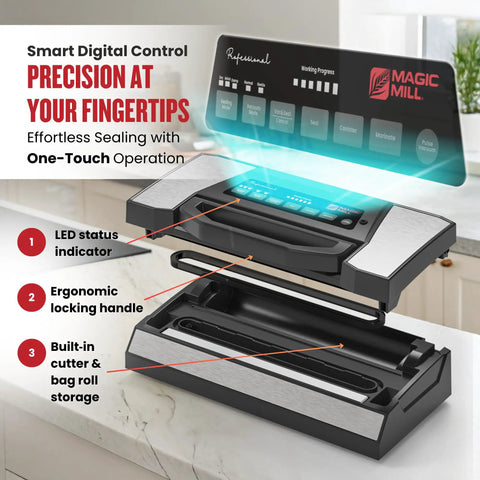 Pro Grade Vacuum Sealer Machine With Cutter And Jar Attachment For Home Kitchen showing LED, handle, and cutter storage on counter.