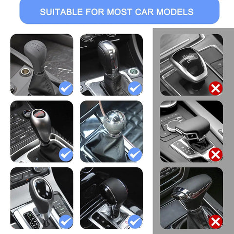 Gear Shift Hoodie For Cars compatibility guide showing suitable and unsuitable shift knobs for Velvet Car Shift Knob Cover