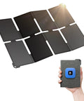 Ultra Light 25W Solar Panel Charger With USB A And USB C Ports Pocket Size Foldable Solar Panel shown folded and unfolded