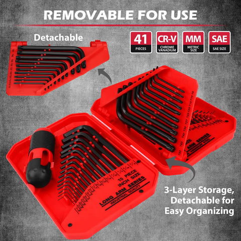 41 Piece Hex Key And Torx Wrench Set With Torque Handle, SAE And Metric L Shaped Allen Keys, T9-T50 Torx in red storage case