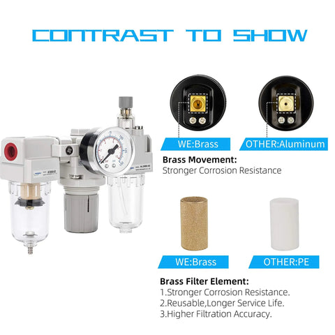 One Quarter Inch NPT Air Filter Regulator Lubricator FRL Combo With Water Oil Trap Separator showcased with brass and aluminum components