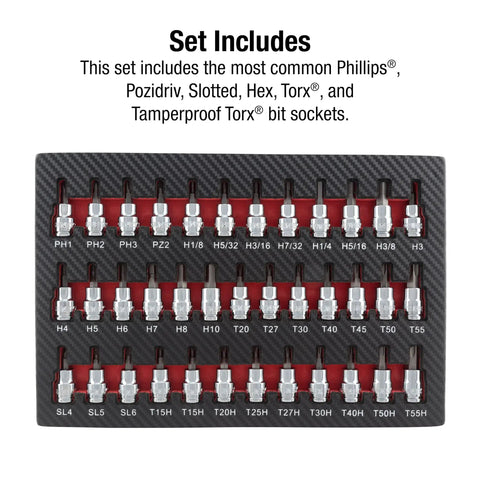 Beefy 37 Piece Three Eighths Inch Drive Bit Socket Set with visible Phillips Pozidriv Slotted Hex Torx in foam case