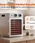 Slick Eight Tier Food Dehydrator Making Tough Jerky Dried Fruit Fresh Herbs And Custom Dog Bites 500W with adjustable temperature controls.
