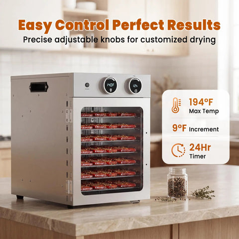 Slick Eight Tier Food Dehydrator Making Tough Jerky Dried Fruit Fresh Herbs And Custom Dog Bites 500W with adjustable temperature controls.