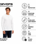 Two Pack Men's UPF 50 Plus Long Sleeve Sun Shirts Stay Dry Quick Dry Moisture-Wicking Tech Fabric with icons and model wearing shirt