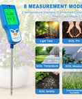 Dope 8 In 1 Soil Meter For Moisture pH Fertility Light And Temperature With Real Time Readouts And Ambient Humidity For Gardeners And Plant Lovers To Dial In Healthy Growth blue handheld probe