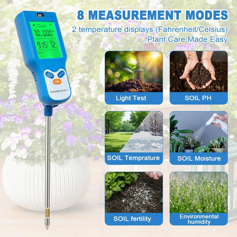 Dope 8 In 1 Soil Meter For Moisture pH Fertility Light And Temperature With Real Time Readouts And Ambient Humidity For Gardeners And Plant Lovers To Dial In Healthy Growth blue handheld probe