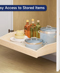 Smooth Glide Pull Out Cabinet Organizer Heavy Duty Wood Drawer Slide For Kitchen Base Cabinets And Pantry Storage With Soft Close Bottom Mount Setup showing a wood pull out drawer with dishes and bottles.