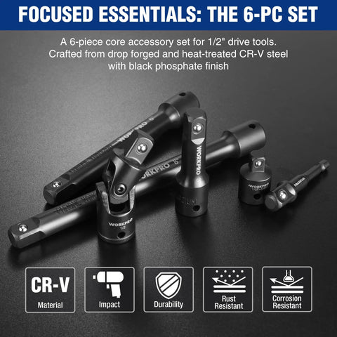 Built To Last Half Inch Drive Impact Socket Extension Set With 3 Inch 6 Inch And 8 Inch Extension Bars Universal Joint Socket Adapter Premium CR-V Steel Black Phosphate Finish