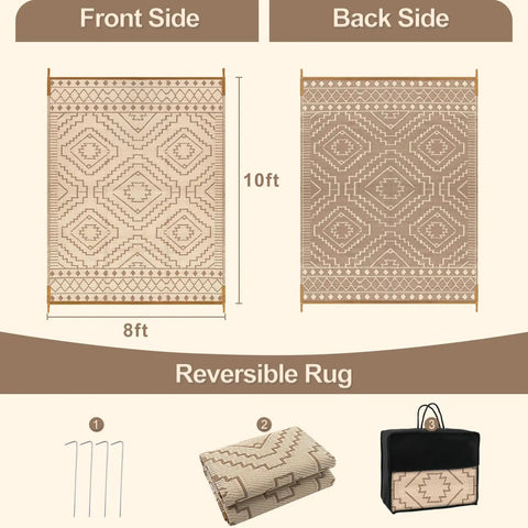 Outdoor Waterproof Plastic Straw Rug 8x10, Reversible Lightweight Carpet For RV Camping, Backyard Beach Picnic, Beige and Brown