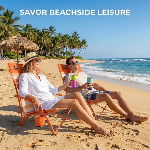 Two Pack Low Beach Chairs For Adults Folding Recliner Camping Chairs With Cup Holders Lightweight Low Seat Chairs For Outdoor Camping Picnic Festival Carry Bags Included Orange Striped on beach
