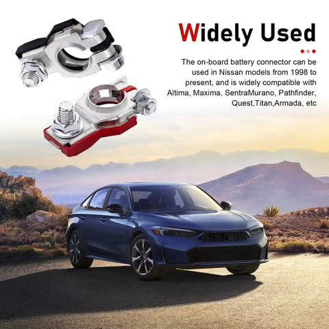 Premium Battery Terminal Connectors Set 2 Rustproof Positive And Negative Top Post Clamps With Washers for Nissan vehicles.