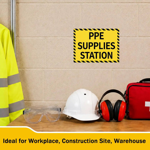 PPE Supplies Station Stickers 10x7 waterproof PVC safety signs for factory warehouse and construction site on wall with gear