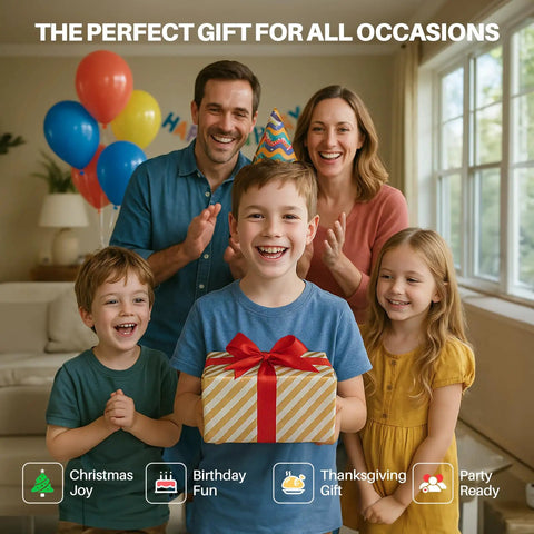 Family celebrating birthday with balloons and gift box inside a bright living room, with smiling parents and children.