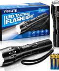 Rechargeable Tactical Flashlight With 1200mAh Battery USB C Quick Charge Five Mode LED Torch For Camping Outdoor Adventures Home Emergencies Dope Gift For Men And Dads shown with packaging and batteries