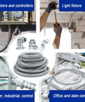 Half Inch Flexible Steel Electrical Conduit Kit with four couplings, two elbows, and seven straps shown in use across various applications