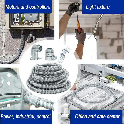 Half Inch Flexible Steel Electrical Conduit Kit with four couplings, two elbows, and seven straps shown in use across various applications