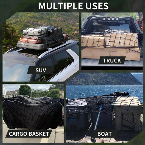 Heavy Duty Truck Bed Cargo Net For Pickup And SUV, 4 By 3 Feet Stretching To 8 By 6, 4 By 4 Inch Knotted Mesh shown on SUV and truck