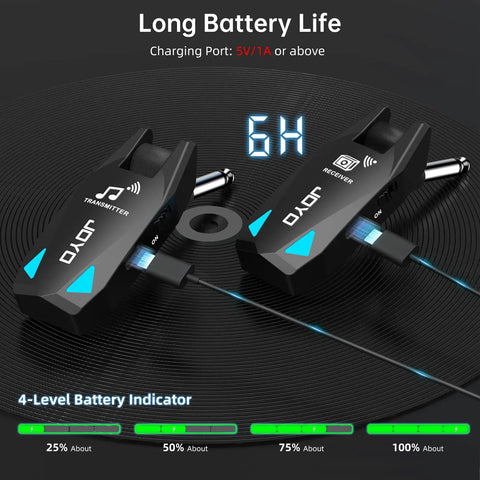 Ultra Clear UHF Wireless Guitar System With 6 Channel Transmitter And Receiver showing charging indicators and long battery life