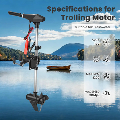 Badass 58 Lbs Brushless Electric Trolling Motor With Stepless Speed Control And 30 Inch Shaft And LED Battery Indicator on lake with specs.