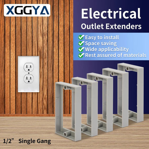 Half Inch Single Gang Outlet Box Extender Kit, Gray Receptacle Extender For Electrical Boxes And Switches, Easy Install Pack Of 4 With 8 Screws displayed