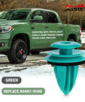 Green door panel retainer clip for Toyota and Lexus next to a truck. 100Pcs Door Panel Retainer Clips 90467-10188 And 90467-A0005