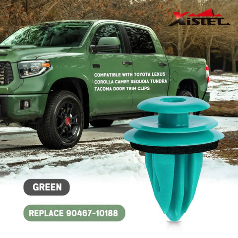 Green door panel retainer clip for Toyota and Lexus next to a truck. 100Pcs Door Panel Retainer Clips 90467-10188 And 90467-A0005