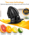Lebenlang Electric Orange Juicer With Two Cones BPA-Free black cone on citrus juicer for lemons, limes, grapefruit, orange, lemon, and lime.