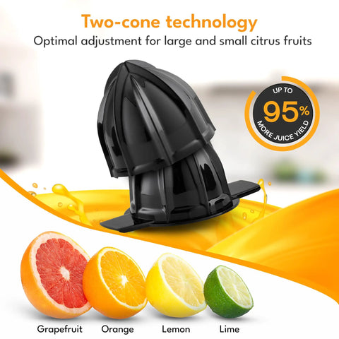 Lebenlang Electric Orange Juicer With Two Cones BPA-Free black cone on citrus juicer for lemons, limes, grapefruit, orange, lemon, and lime.
