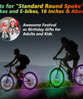 Cyclists with Lit LED Bike Wheel Lights For Night Rides Waterproof Spoke Lights With Batteries Included 28 RGB LEDs And 30 Pattern Modes