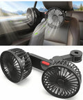 Dual Head Backseat Car Fan With 360 Swivel Rotation Plus Usb Powered Design, black design mounted on car headrest.
