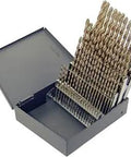 Cobalt Steel Short Length Drill Bit Set With Metal Case Gold Oxide Finish 135 Degree Split Point 60 Piece Sizes 60 Through 1 For Hardened Ferrous Materials Handy Go To Jobsite Must Have displayed in open case