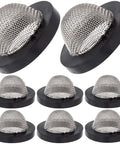 Eight Pack Hose Filter Washers With 60 Mesh Stainless Steel Screens For One Half Inch Garden Hose Connectors And Water Faucets, Premium Inlet Screen Gaskets That Fit Toilet Pipes And Shower Heads, Black, shown in package.