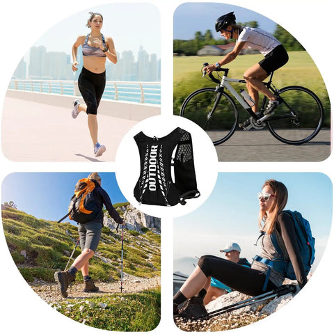 Collage showing diverse outdoor athletes with Hydration Pack For Hiking And Snowboarding With 5L Capacity in center