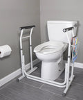 FSA HSA Eligible Sit And Rise Bathroom Safety Frame With Height Adjustable Toilet Rail And Commode Grab Bar shown around toilet