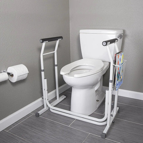 FSA HSA Eligible Sit And Rise Bathroom Safety Frame With Height Adjustable Toilet Rail And Commode Grab Bar shown around toilet