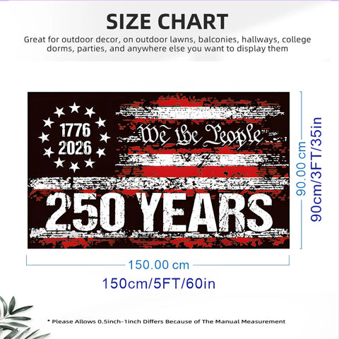 We The People 250th Anniversary USA Flag 3 by 5 Ft Outdoor Flag, size chart display, 1776 to 2026 patriotic design.