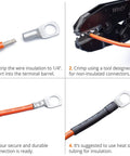 Step-by-step guide using 120 Piece Tinned Copper Wire Lug Kit With Heavy Duty Battery Lugs And Ring Terminals For Crimp Or Solder Ends 10 To 4 Gauge Tin Coated Copper For Corrosion Resistance And Reliable Electrical Connections, showing wire stripping, crimping, and insulation process.