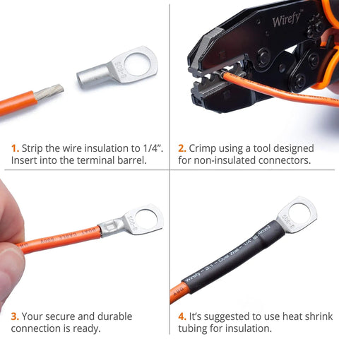 Step-by-step guide using 120 Piece Tinned Copper Wire Lug Kit With Heavy Duty Battery Lugs And Ring Terminals For Crimp Or Solder Ends 10 To 4 Gauge Tin Coated Copper For Corrosion Resistance And Reliable Electrical Connections, showing wire stripping, crimping, and insulation process.