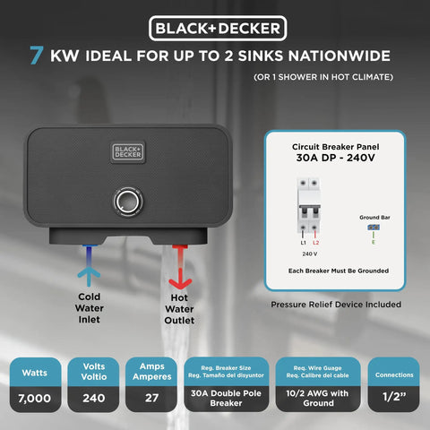 Tankless Electric Water Heater 7 Kilowatt 240 Volt Instant Hot Water On Demand for Two Sinks or One Shower in Hot Climates