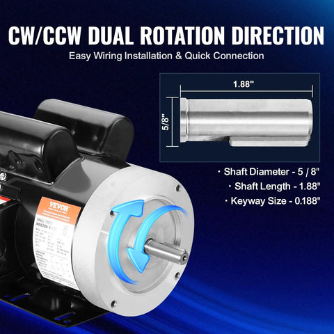 Beast 1.5HP Single Phase Electric Motor 3450 RPM 56C Frame with 5/8 Keyed Shaft for CW CCW Rotation, air compressors, machinery