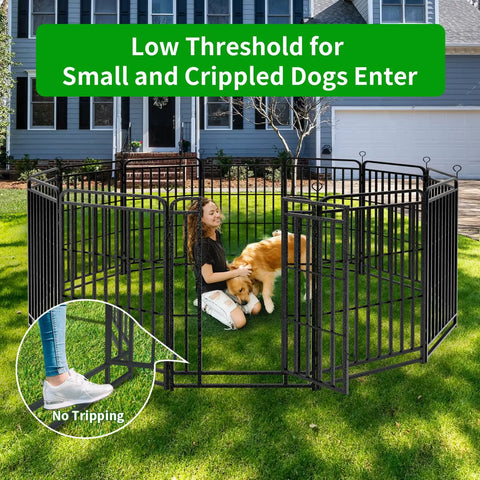 Heavy Duty Dog Playpen 12 Panels 47 Inches High With Solid Iron Crossbars in snowy black, set up in a yard with a dog inside.
