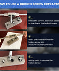 Instructions on using the Six Piece Tap Extractor Set For Stripped Screws And Bolts with close-up images of process