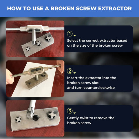 Instructions on using the Six Piece Tap Extractor Set For Stripped Screws And Bolts with close-up images of process