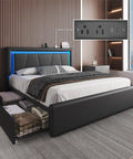 Rock Solid Full Size Bed Frame With Plush Faux Leather Upholstery And Four Seamless Gliding Storage Drawers Plus Handy LED Accent Lights in modern bedroom setting.