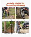 VEVOR 60-inch orange ratcheting off-road jack; four-panel collage showing farm handling and automotive repair.