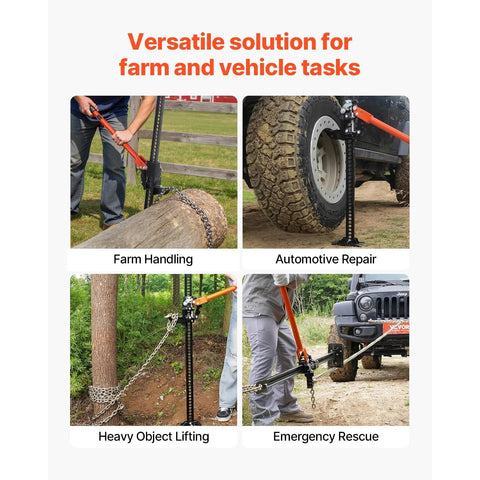 VEVOR 60-inch orange ratcheting off-road jack; four-panel collage showing farm handling and automotive repair.